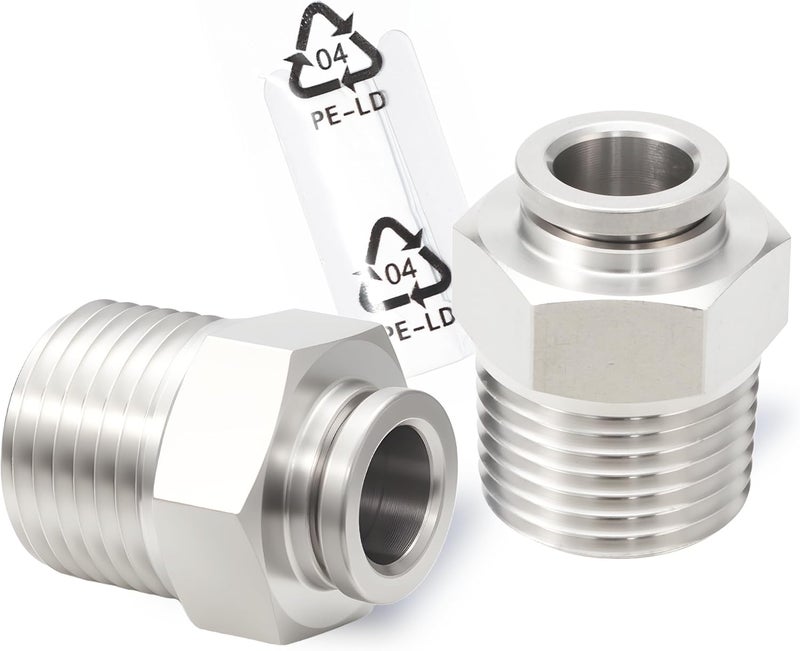 MSAEIQUN Stainless Steel 3/8 Air hose fittings, Push to Connect Air fittings Male Straight 3/8 Inch Tube OD x 1/2 NPT Thread Fitting (Pack of 2) - Image 1